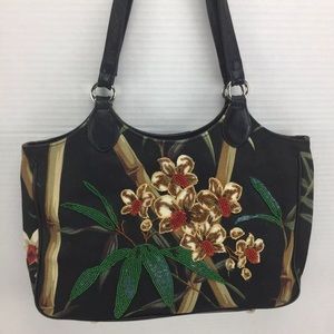 Cynthia Hart beaded floral bag purse black vintg